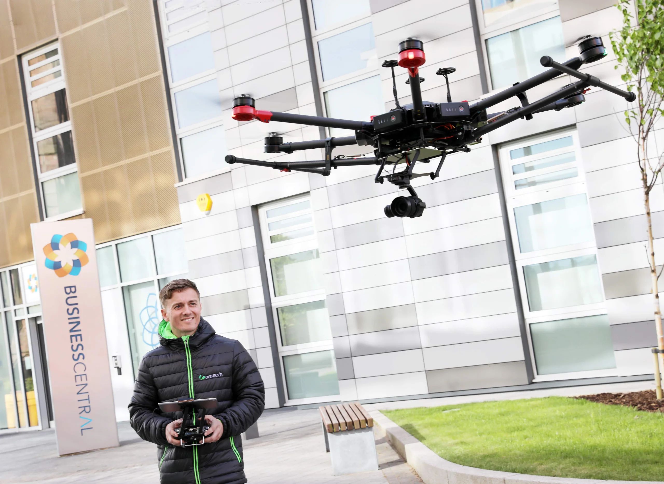 AuraTech engineer flying a survey drone outside Business Central, Darlington