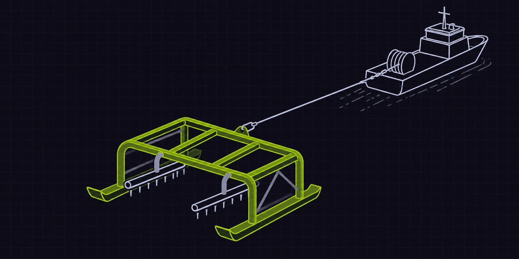 Line illustration of a generic jetting frame with two jetting swords on skids, towed by a support vessel