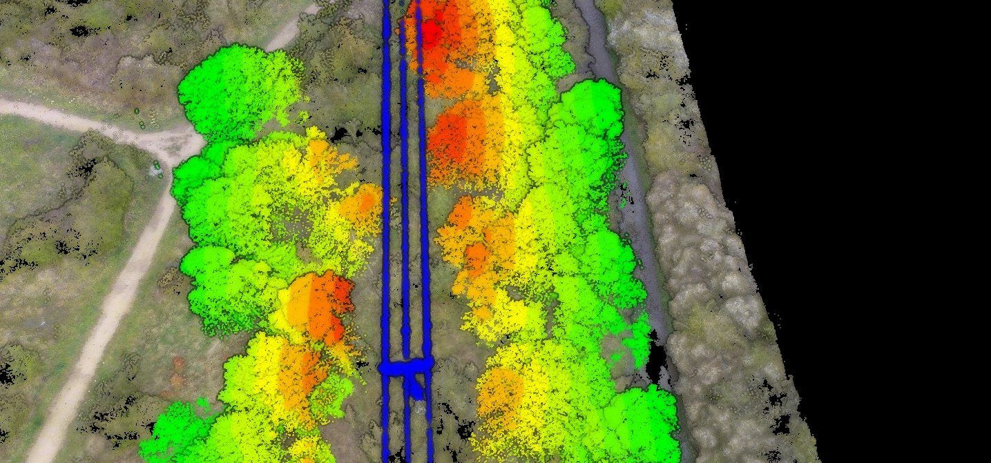 Vegetation proximity to an overhead line, coloured red to green by distance